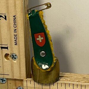 Vintage Swiss Cowbell w/ Swiss Army Knife Pin Brooch Souvenir Bell Green Gold